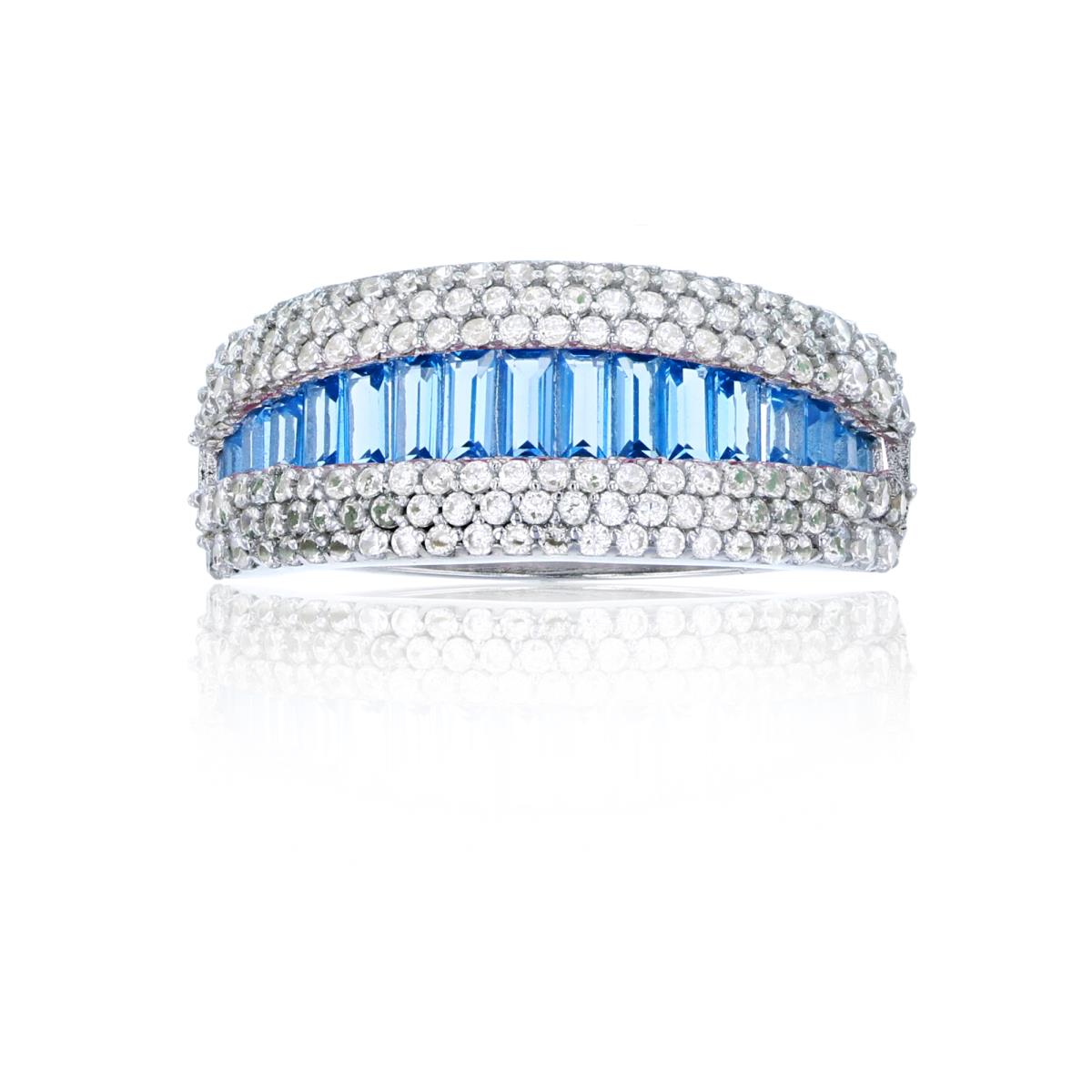 Sterling Silver Rhodium Micropave White Rd Cut & Sky Blue Baguette CZ Graduated Fashion Ring