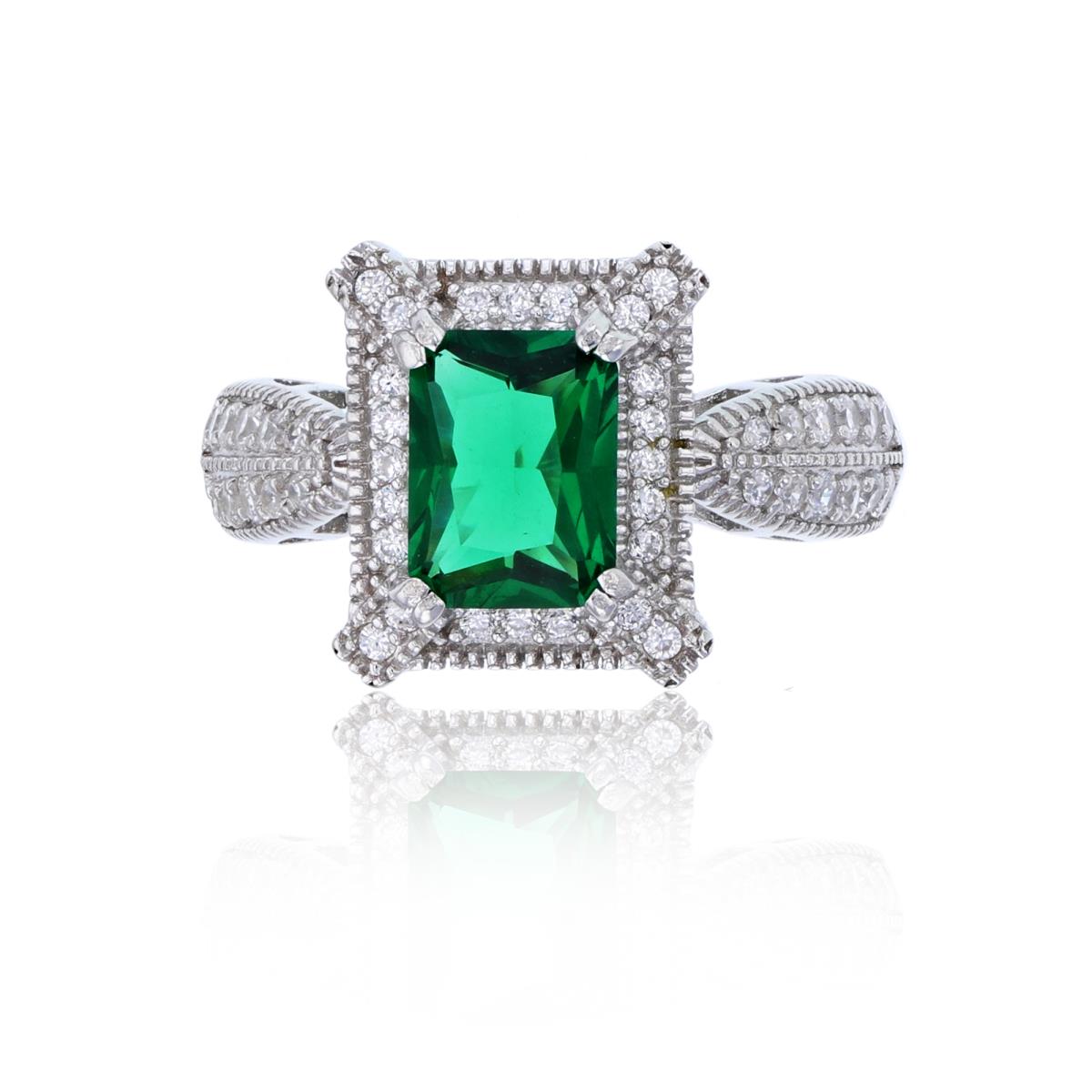 Sterling Silver Rhodium 8x6mm Green Emerald Cut & Micropave CZ Milgrain Engagement Ring