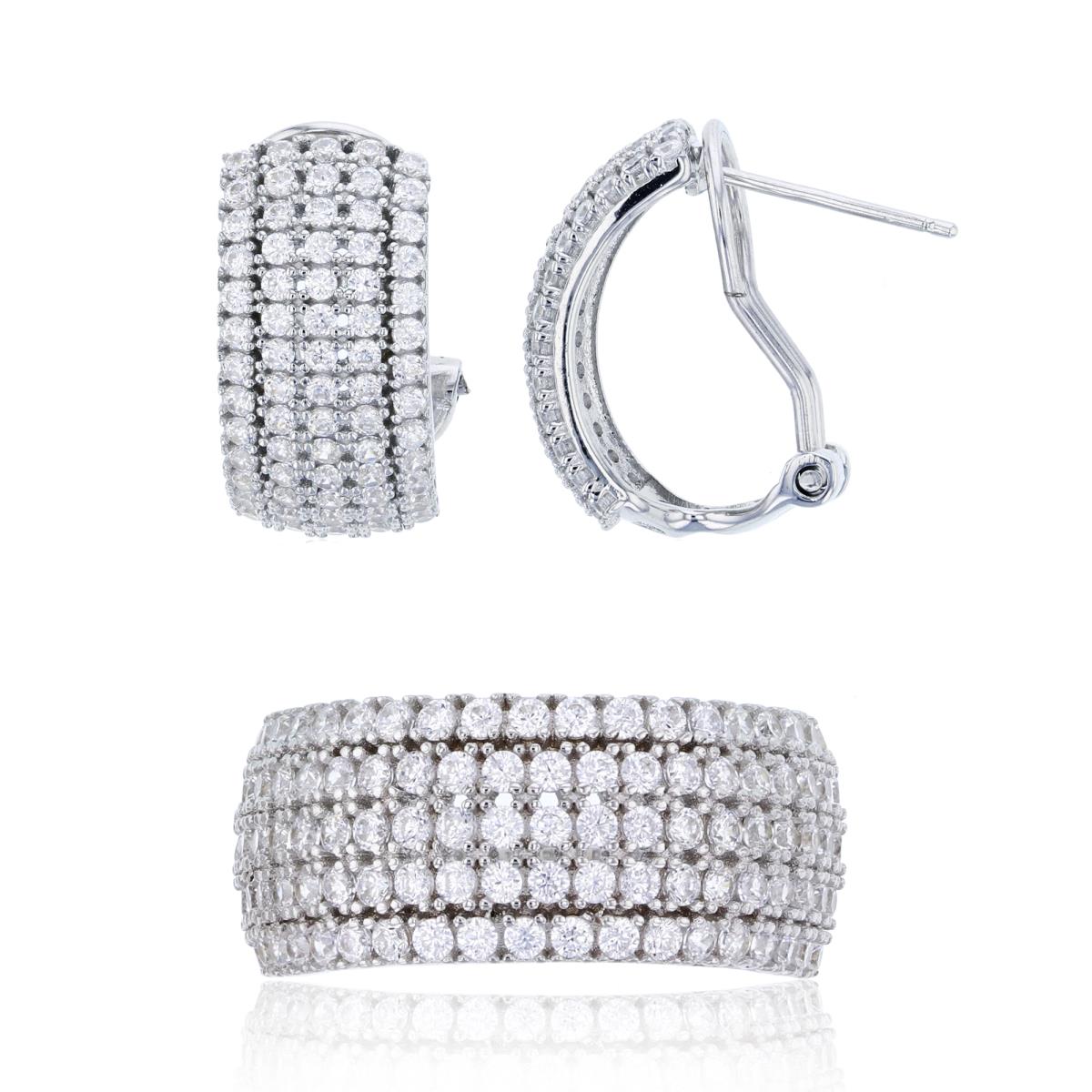 Sterling Silver Rhodium 5-Row Micropave CZ Fashion Ring & Omega-Back Earring Set 