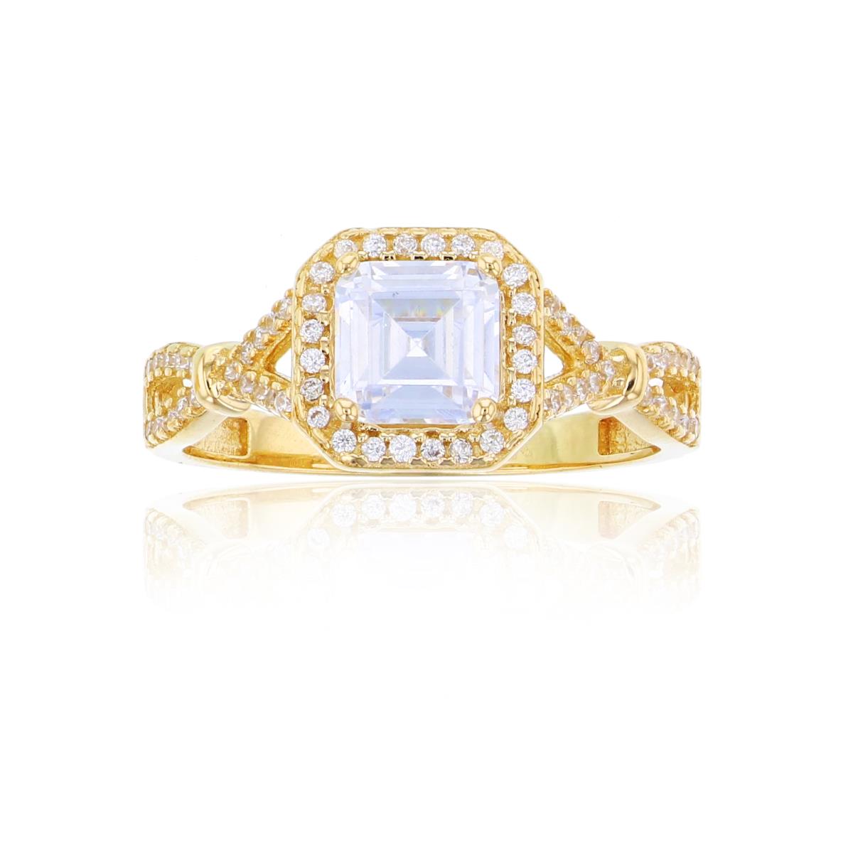 10K Yellow Gold 6mm Asscher Cut CZ Halo Twisted Sides Engagement Ring