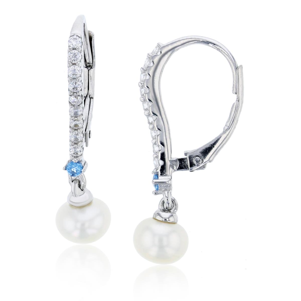 Sterling Silver Rhodium 6mm Fresh Water Pearl & Rnd Blue/White CZ Lever Back Earring