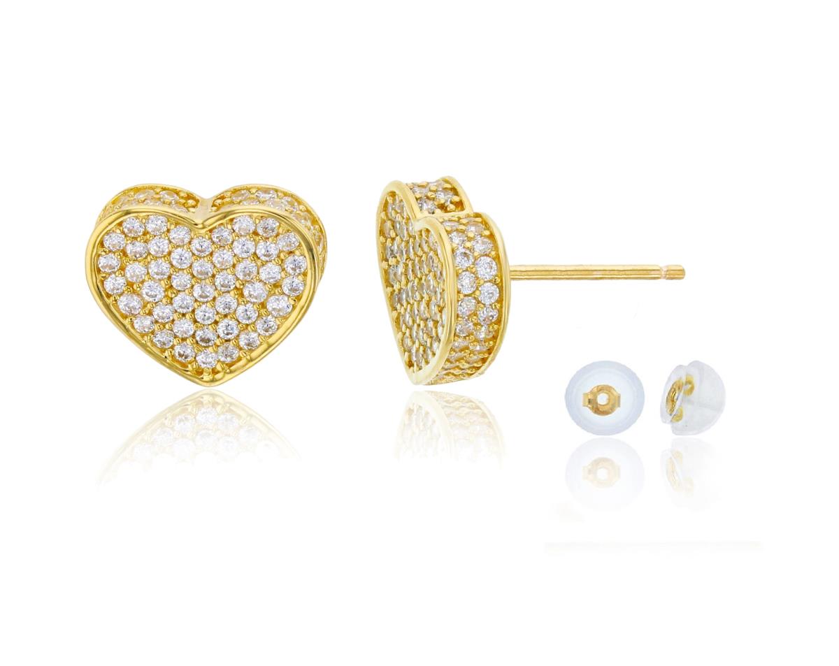 14K Yellow Gold Micropave 3D Heart Stud Earring with Silicone Back