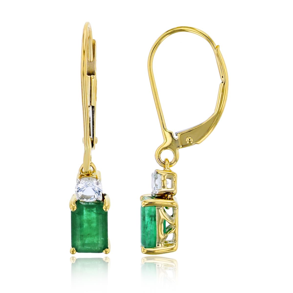 14K Yellow Gold 6x4mm Oct Emerald & 3mm Rnd White Sapphire Lever Back Earrings