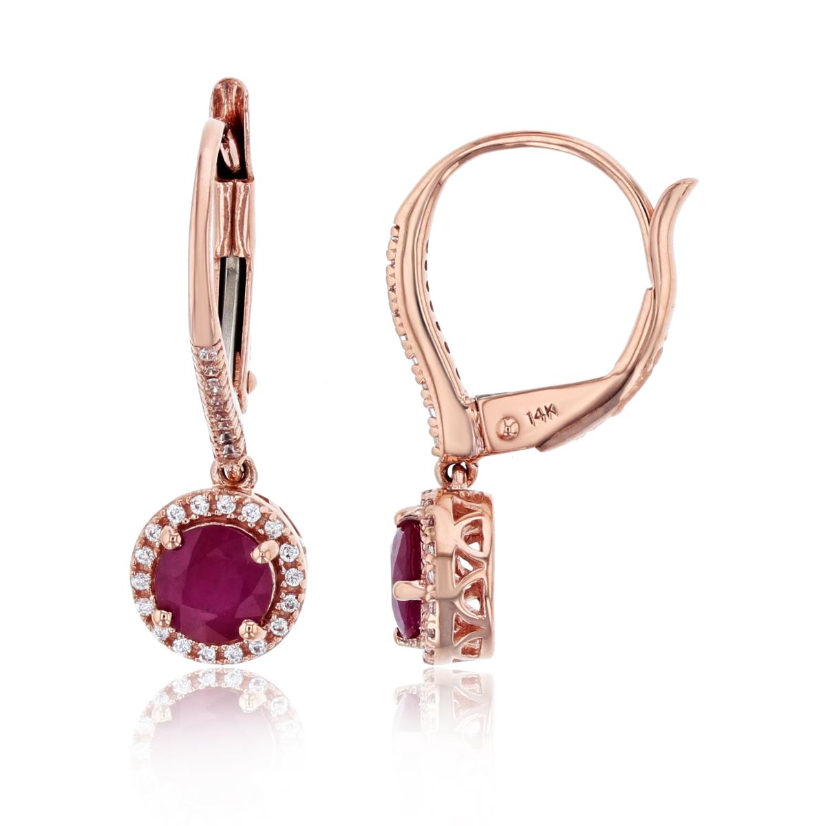 14K Rose Gold 0.20cttw Rnd Diamonds & 5mm Rnd Ruby Dangling Lever Back Earrings