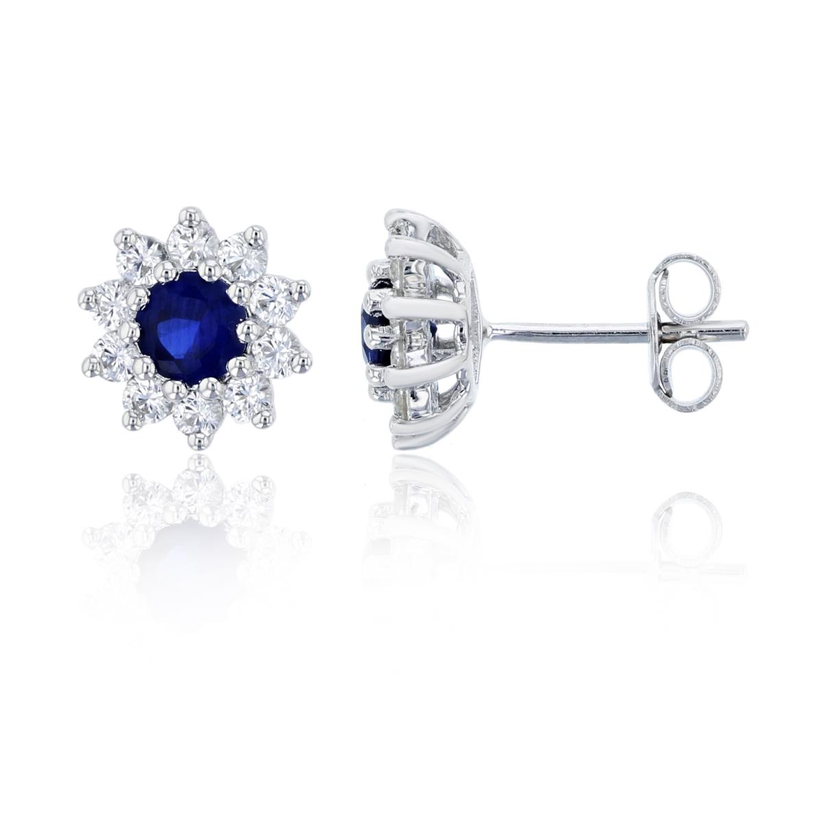 Sterling Silver Rhodium Rnd Cr.Blue Sapphire/Cr. White Sapphire Flower Stud Earring
