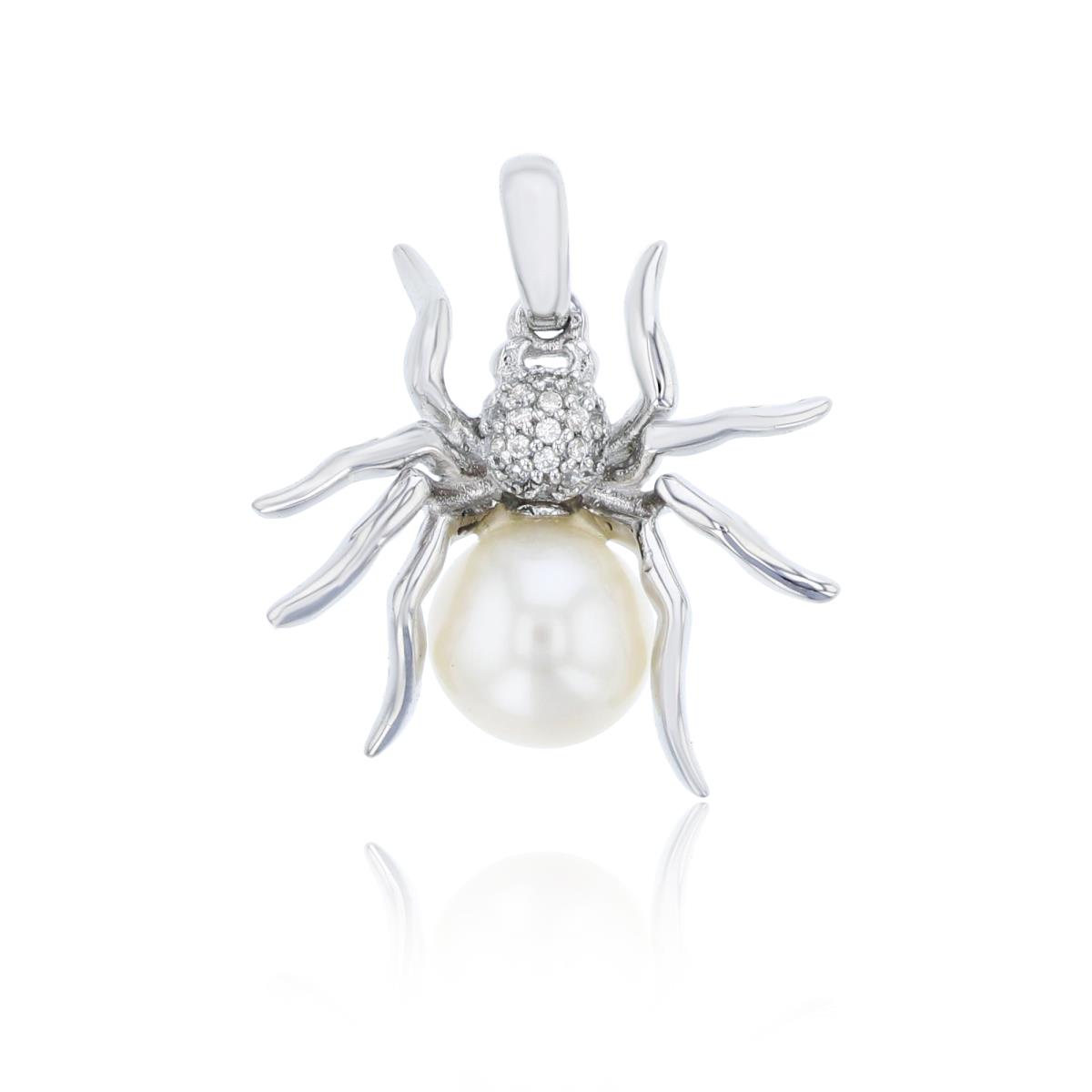Sterling Silver Rhodium 0.034cttw Rnd Diamonds & 7mm Rnd Fresh Water Pearl Spider Pendant