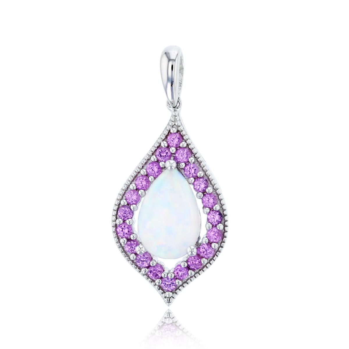 Sterling Silver Rhodium 9x6mm Pear Cr Opal & 1.5mm Rd Cr Pink Sapphire Pendant