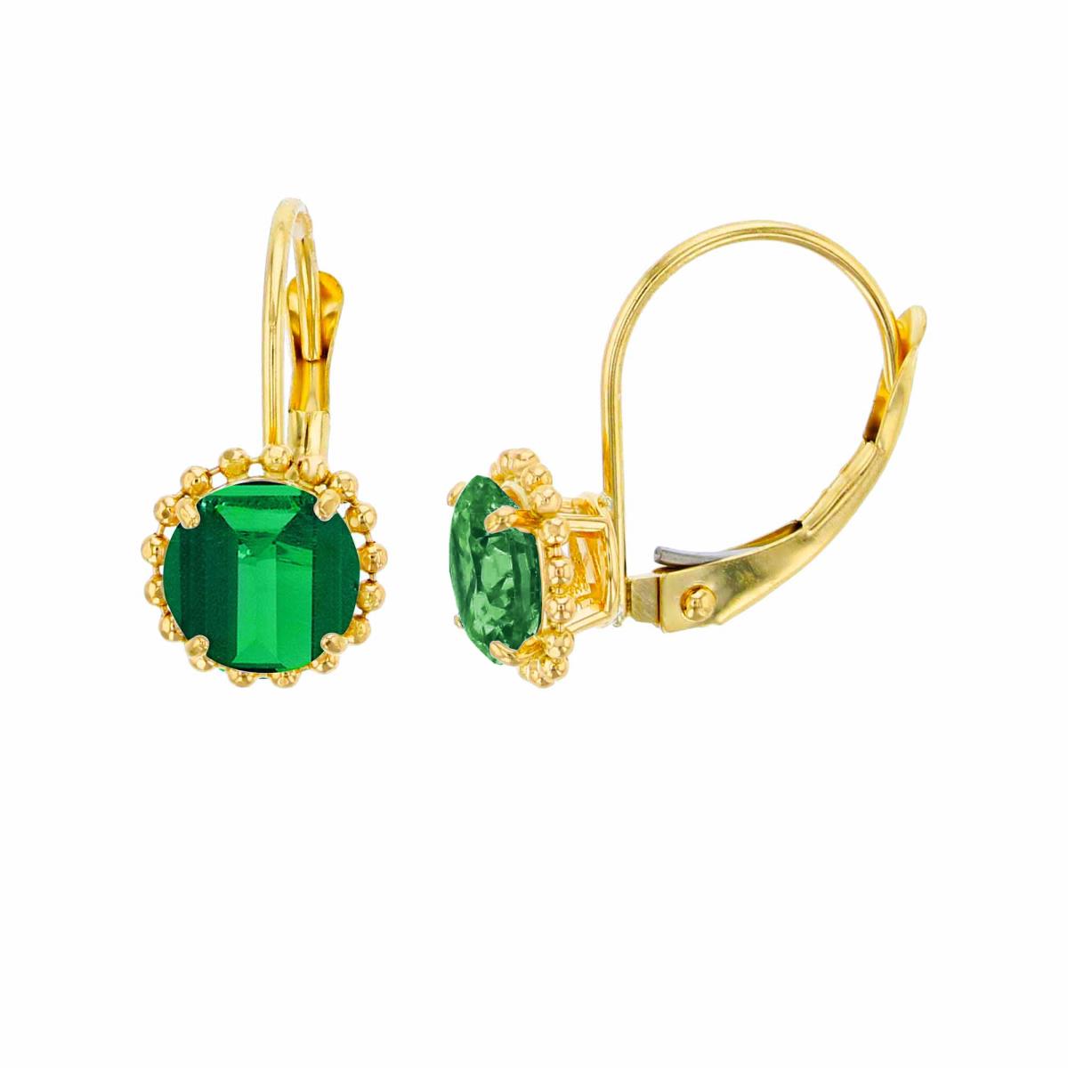 14K Yellow Gold 6mm Rd Created Emerald CS Bead Frame Lever-Back Earring