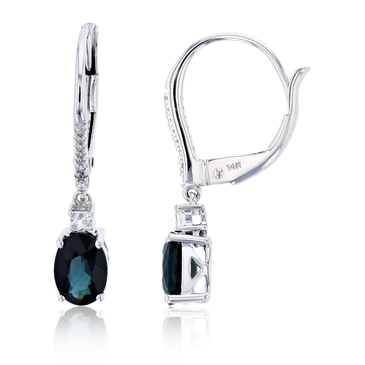 14K White Gold 0.06cttw Rnd Diamonds & 7x5mm Ov Sapphire/2mm Princess White Sapphire Dangling Earrings