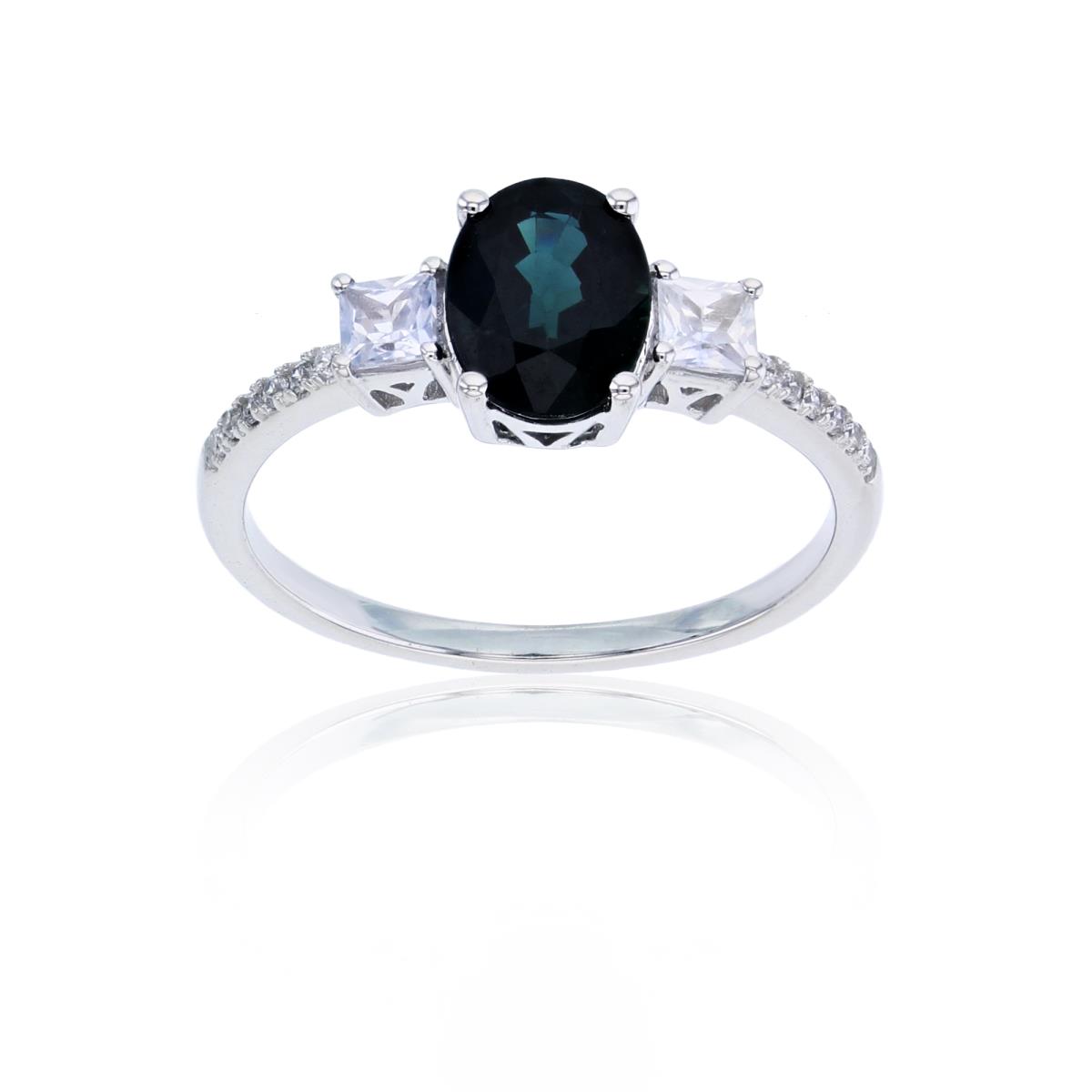 14K White Gold 0.054cttw Rnd Diamonds & 8x6mm Ov Blue Sapphire/3mm Square White Sapphire Ring
