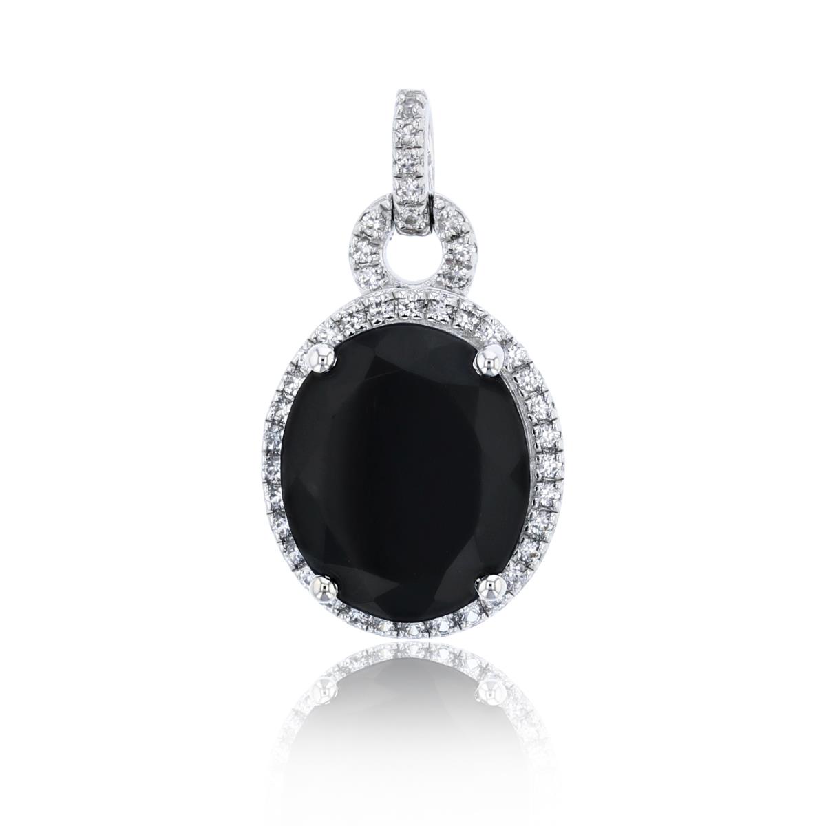 Sterling Silver Rhodium 12x10mm Oval Onyx & 1mm Rd Cr. White Sapphire Pendant