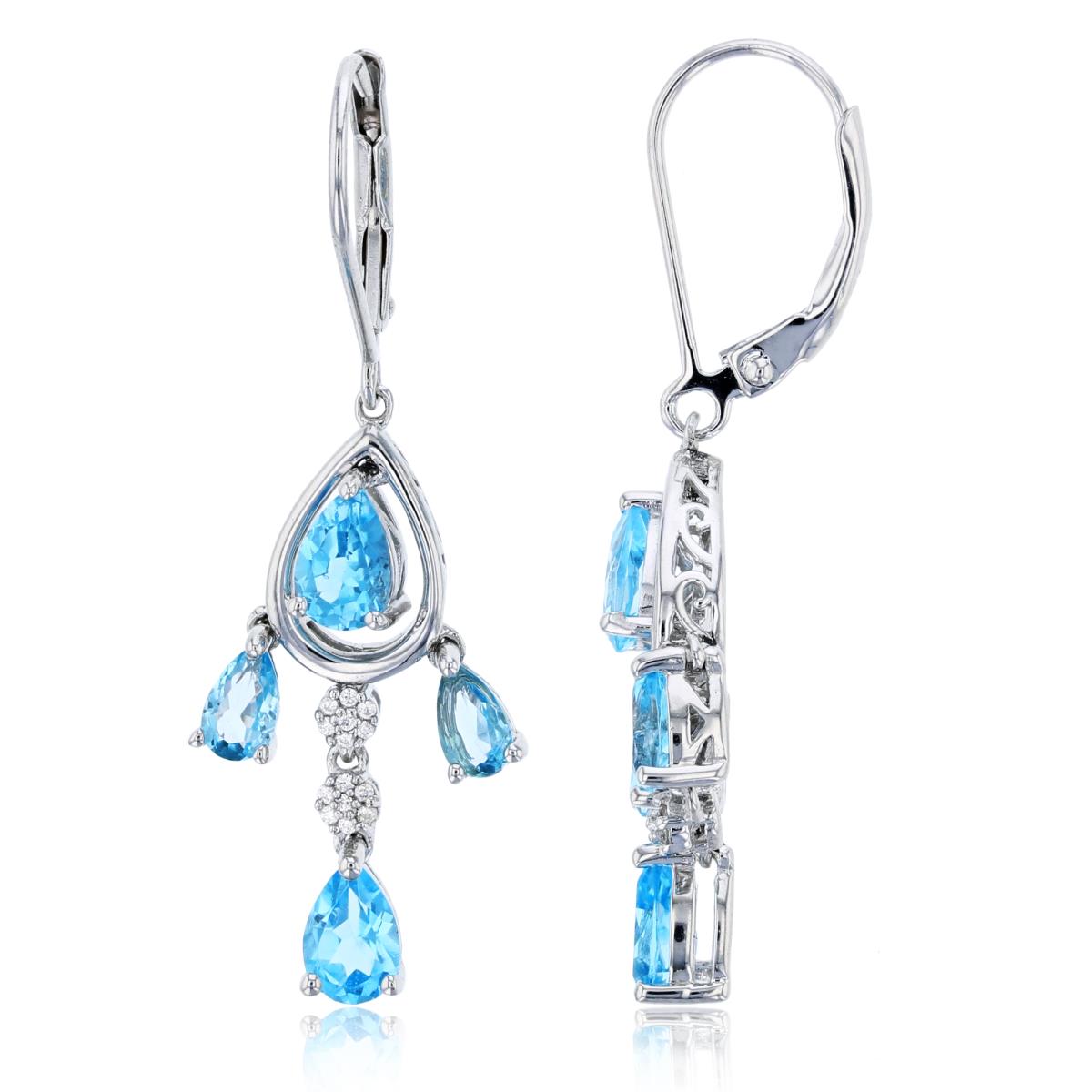 Sterling Silver Rhodium 6x4/5x3mm PS Blue Topaz & 0.06CTTW Rd Diamond Dangling Fashion Earring