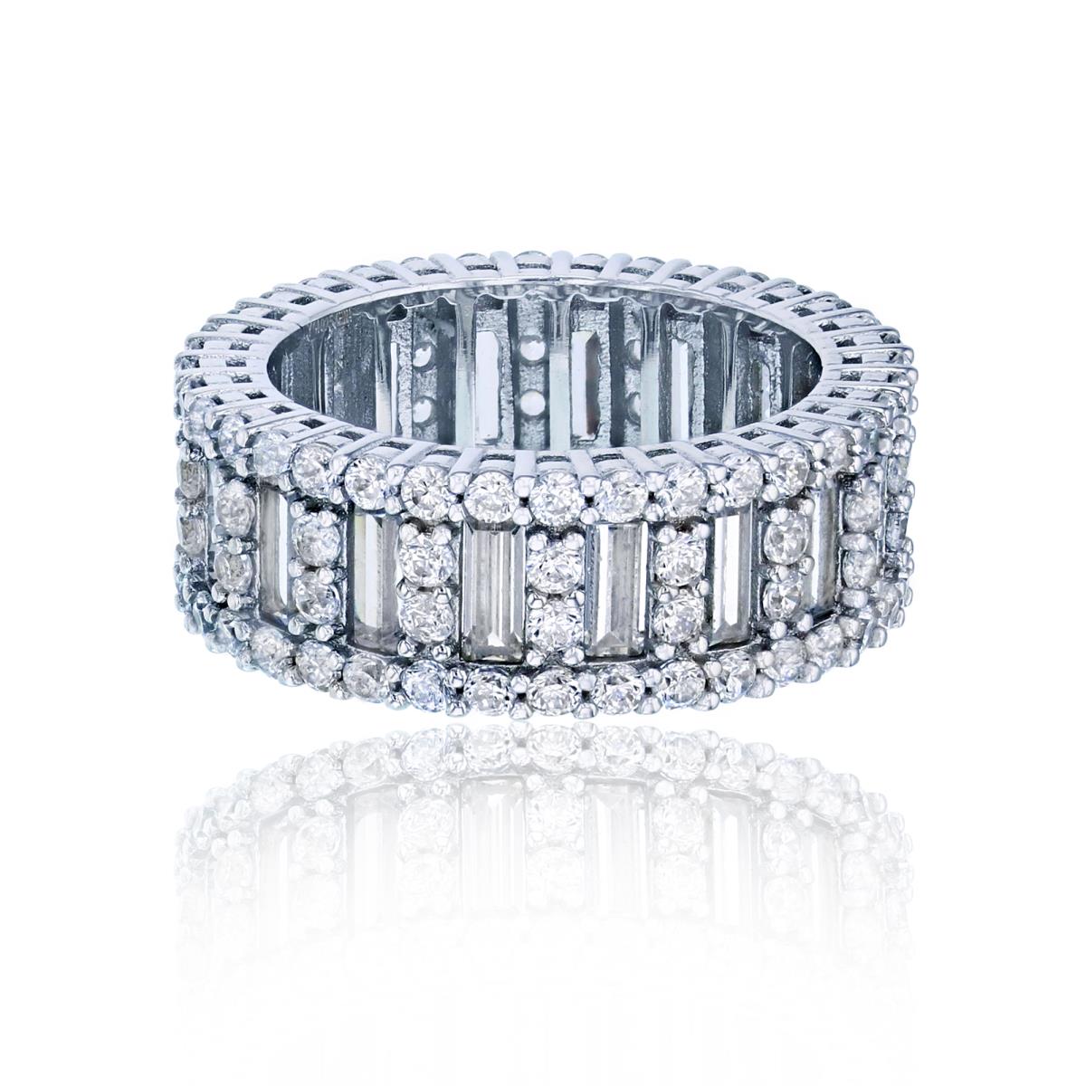 Sterling Silver Rhodium Pave Alternating Round & Baguette CZ Eternity Ring