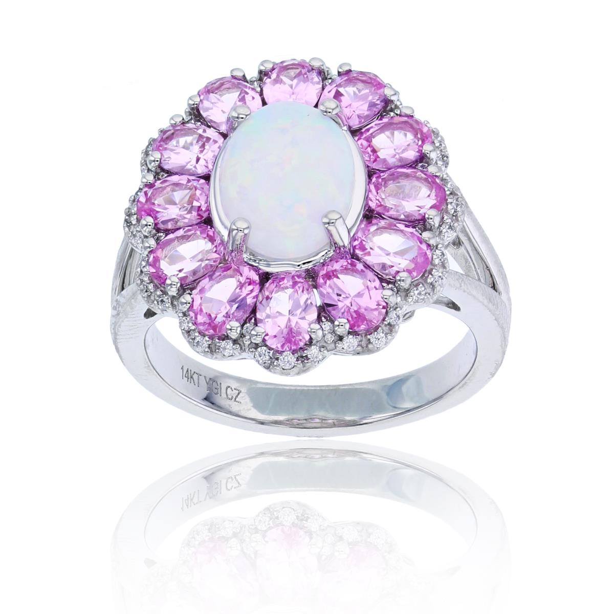 14K White Gold CZ RND & 9X7 OV Cr Opal/4X3 OV Cr. Pink Sapphire Flower Ring