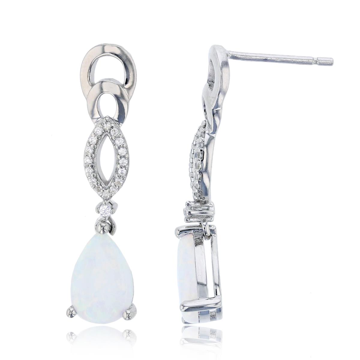 Sterling Silver Rhodium CZ Rnd & 9X6 PS Cr. Opal Dangling Earring