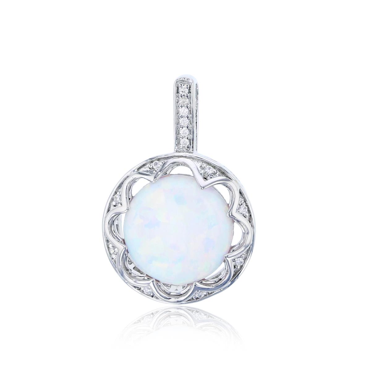 Sterling Silver Rhodium CZ Round & 10mm Round Created Opal Circle Pendant