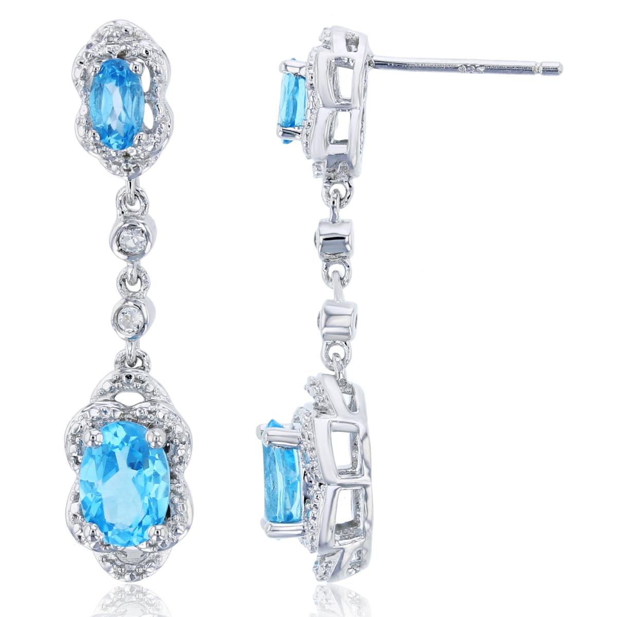 Sterling Silver Rhodium Ov Blue Topaz & Rnd White Topaz Dangling Earring
