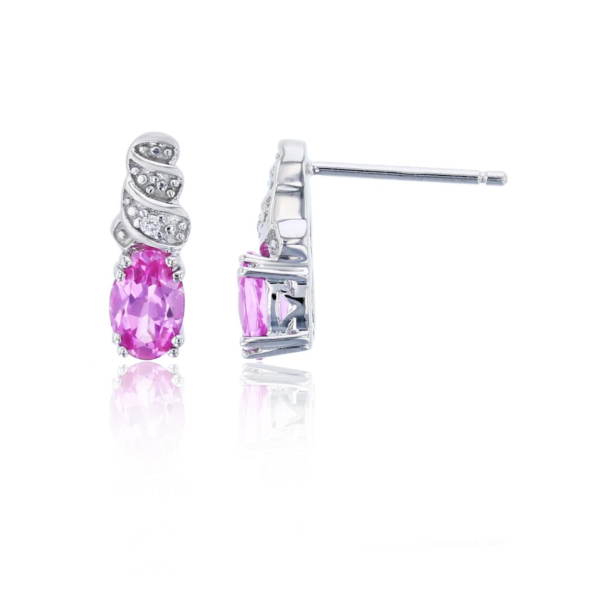 Sterling Silver Rhodium CZ Rnd & 6X4 Ov Created Pink Sapphire Earring