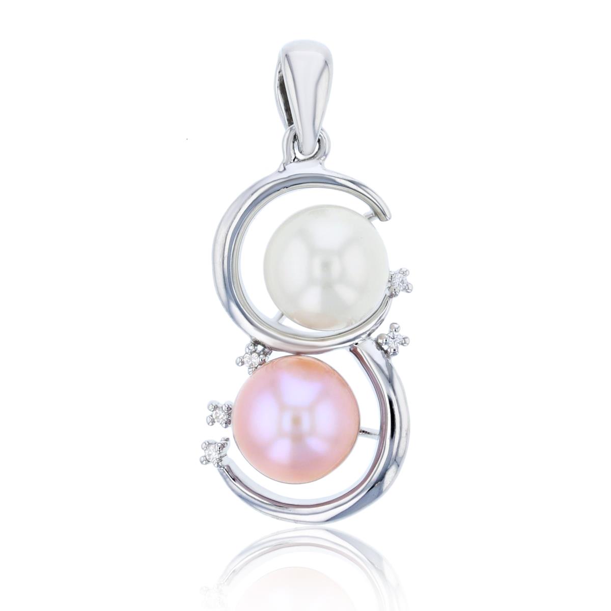 Sterling Silver Rhodium CZ RND & 7mm RND White/Pink Pearl in 2- Circles Pendant