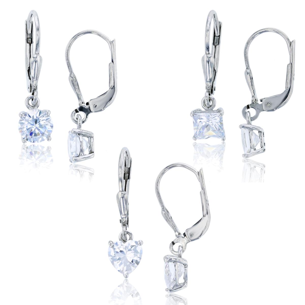 Sterling Silver Rhodium 5.mm Princess, 6mm Rd & 6mm Heart Cut CZ Solitaire Leverback Earring Set