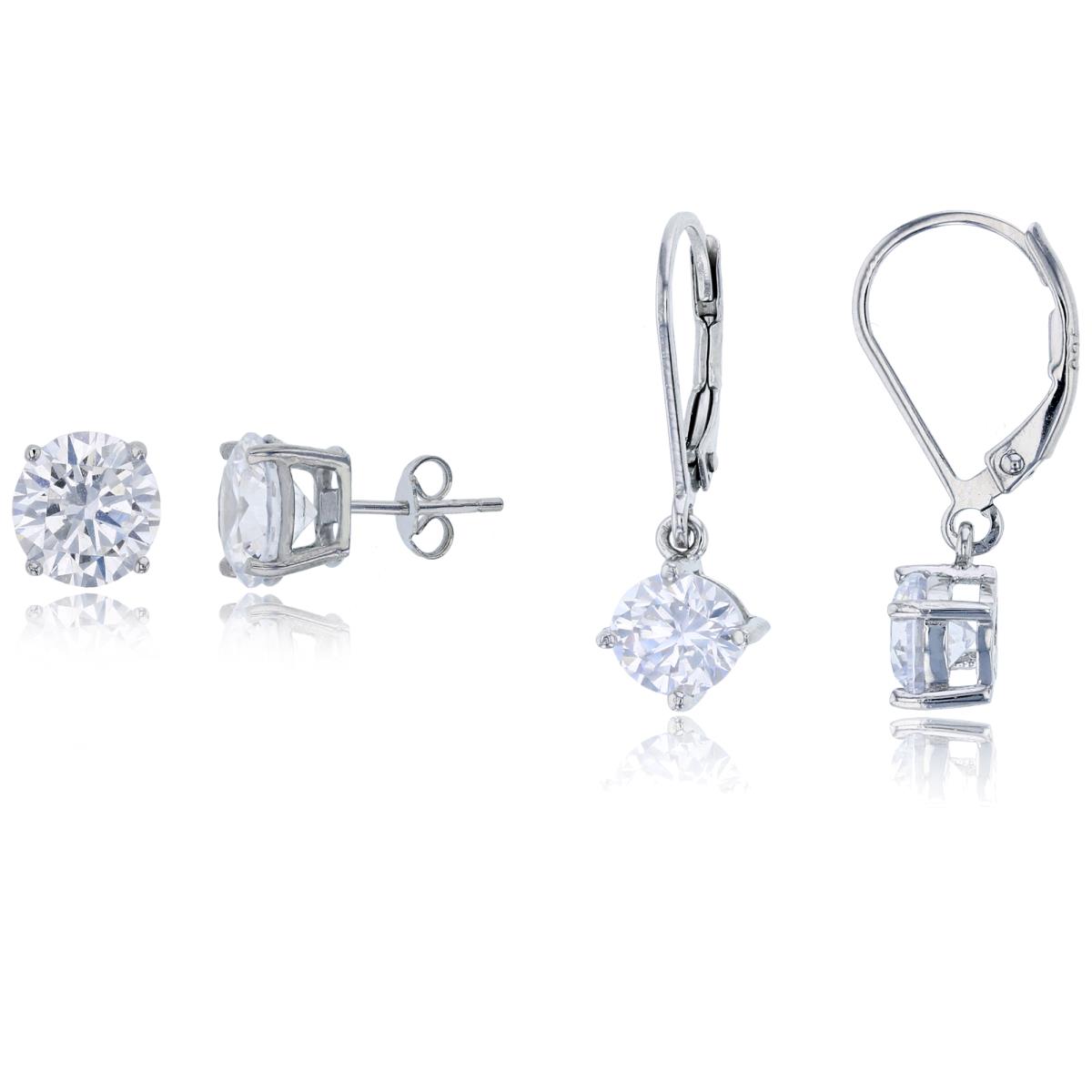 Sterling Silver Rhodium 6mm Rd Cut CZ Lever-Back & 8mm Rd Solitaire Stud Earring Set