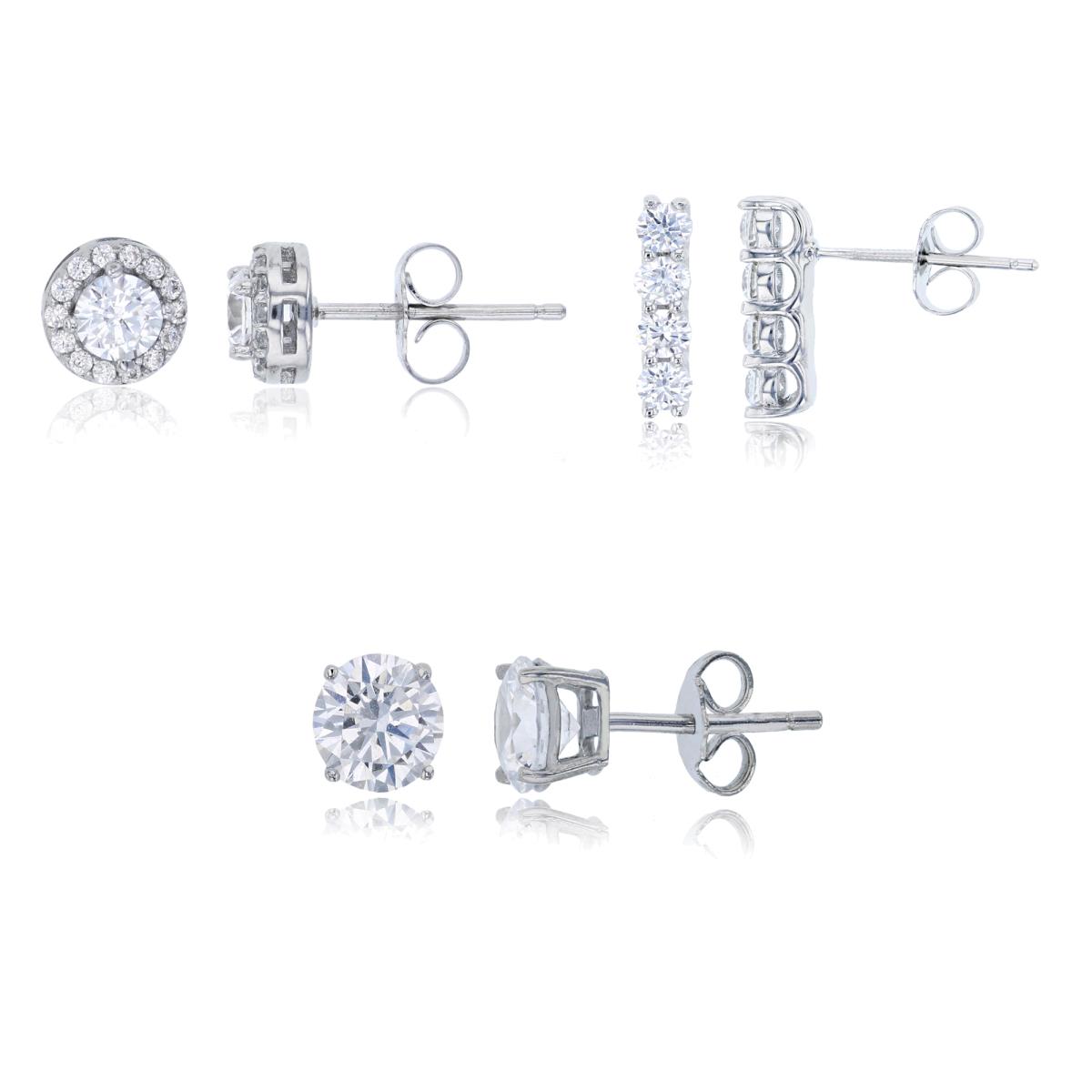 Sterling Silver Rhodium 4-Stone Rd Cut Bar Drop, 4mm Rd Cut Halo Stud & 6mm AAA Rd Solitaire Stud Earring Set