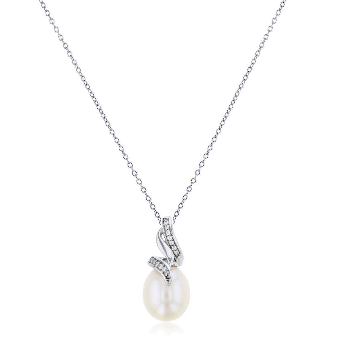 Sterling Silver Rhodium 11x9mm Fresh Water Pearl & Rnd CZ 18" Necklace