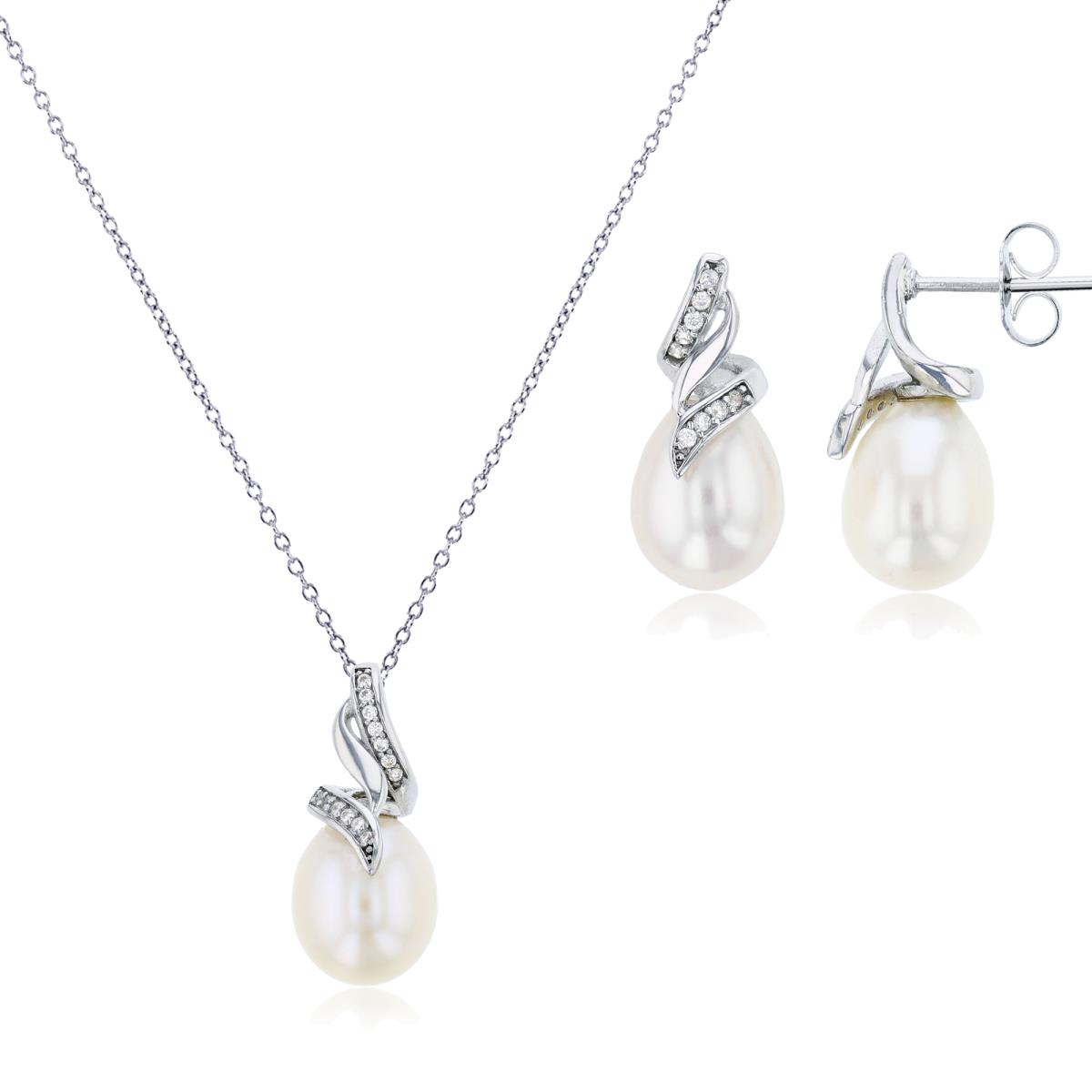 Sterling Silver Rhodium 11x9mm Fresh Water Pearl & Rnd CZ 18" Necklace & Earring Set