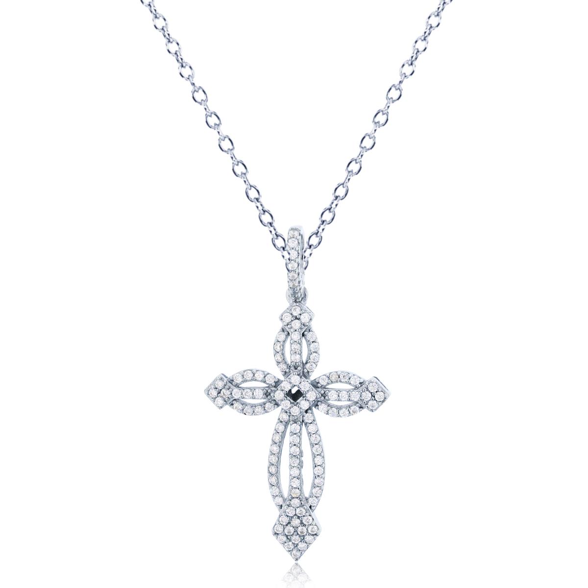 Sterling Silver Rhodium Micropave White CZ Cross 18" Necklace