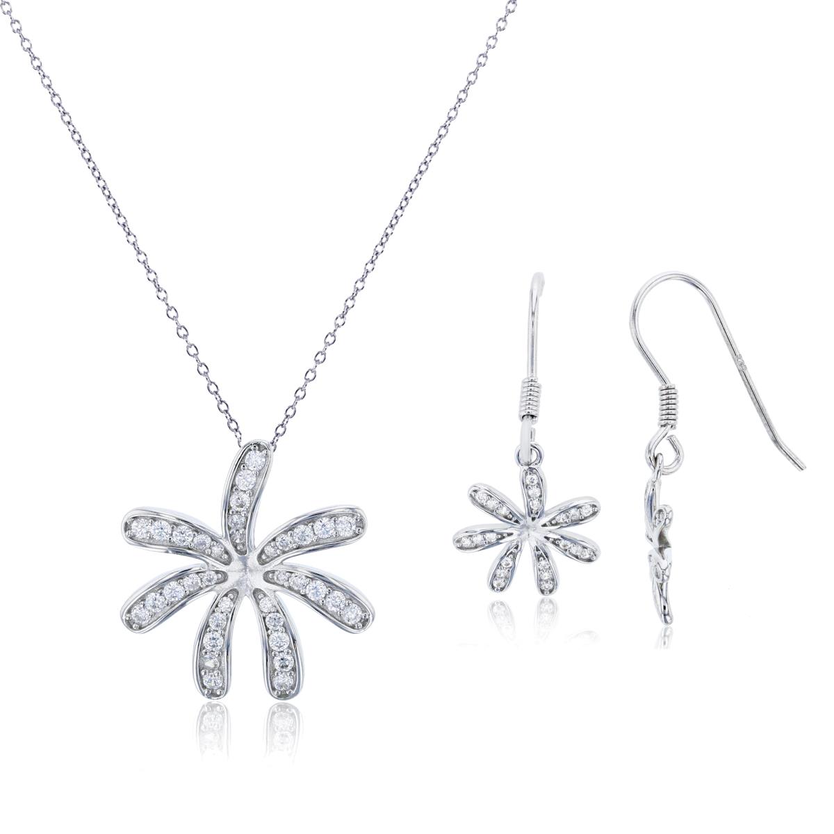 Sterling Silver Rhodium White CZ Flower 18" Necklace & FishHook Earrings Set