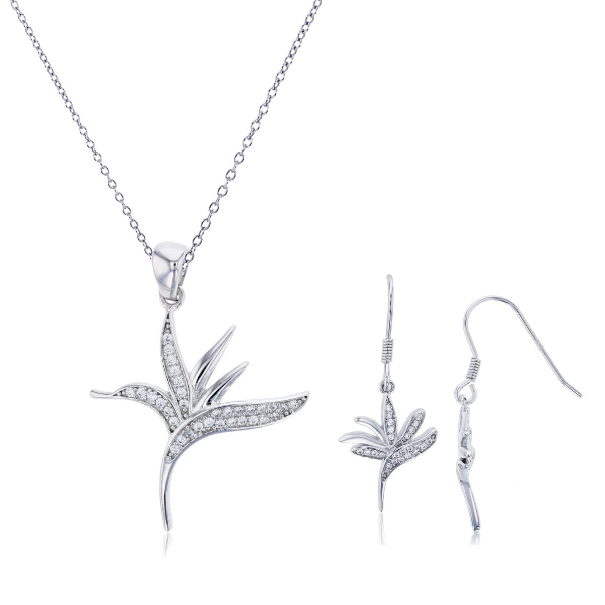 Sterling Silver Rhodium Rd CZ Polished Leaf 18" Necklace & FishHook Earring Set