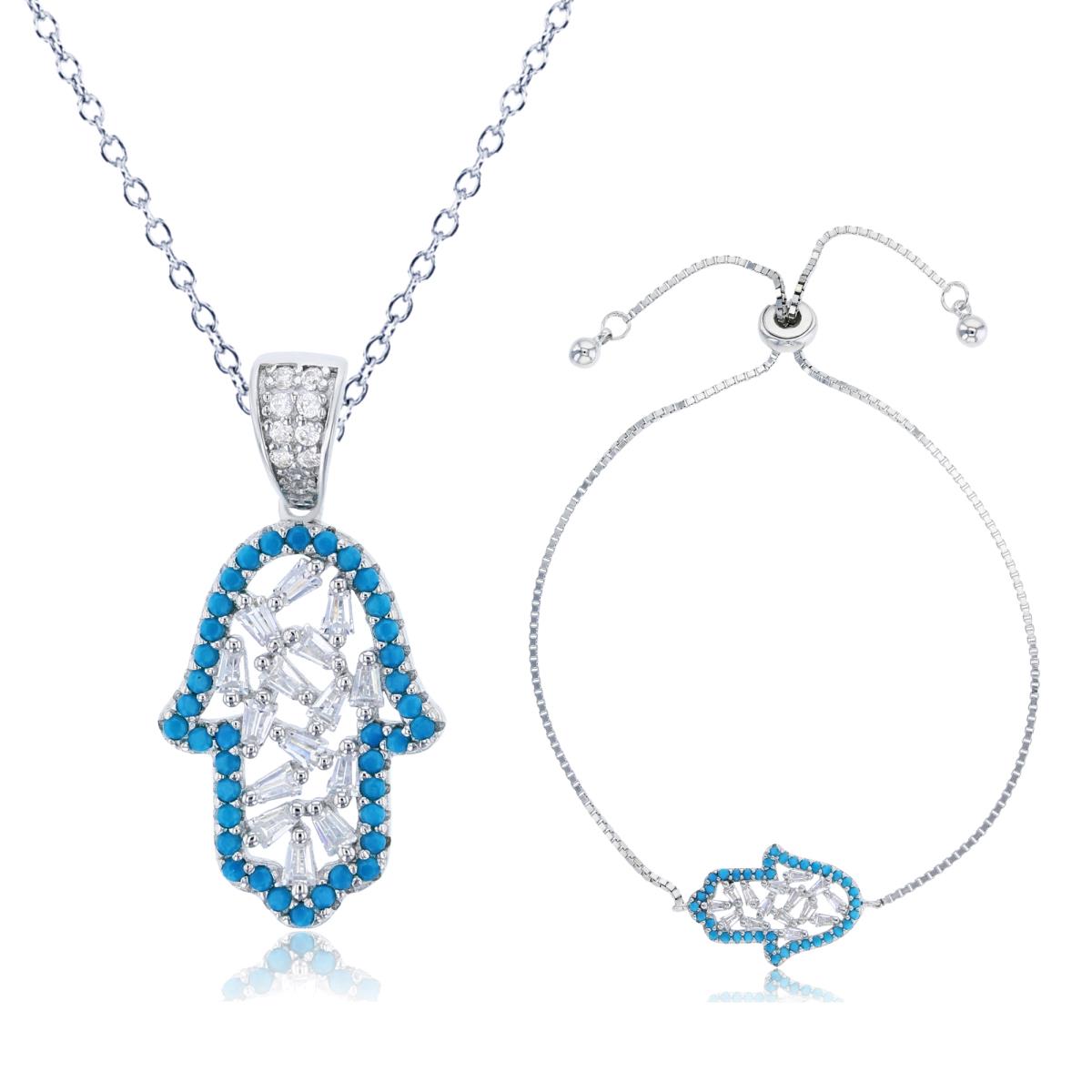 Sterling Silver Rhodium Turquoise & White CZ Hamsa 18" Necklace & Bracelet Set