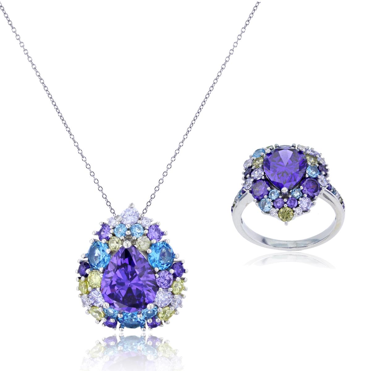Sterling Silver Rhodium 10x8mm Amethyst Pear Cut & Multi Color CZ 18" Necklace & Ring Set