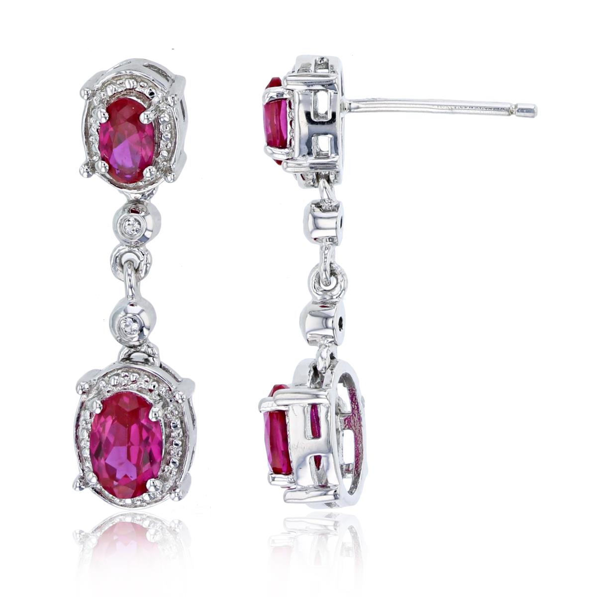Sterling Silver Rhodium Oval Cr Ruby & Rd Cr White Sapphire Dangling Earring