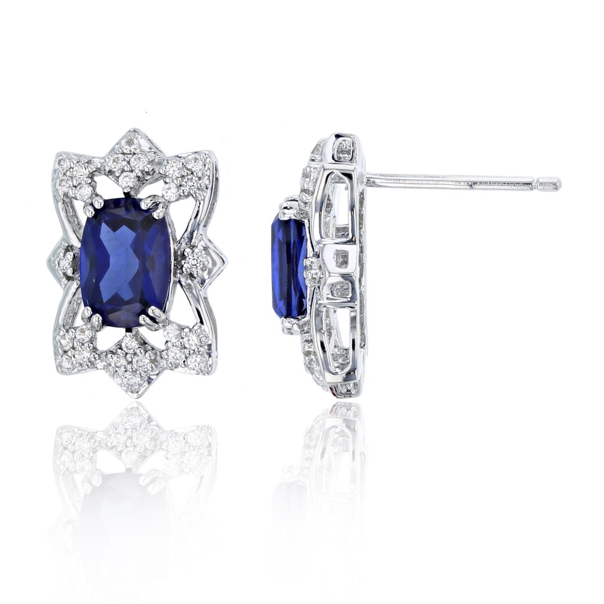 Sterling Silver Rhodium Cush Cr Blue Sapphire & Rnd Cr White Sapphire Stud Earring