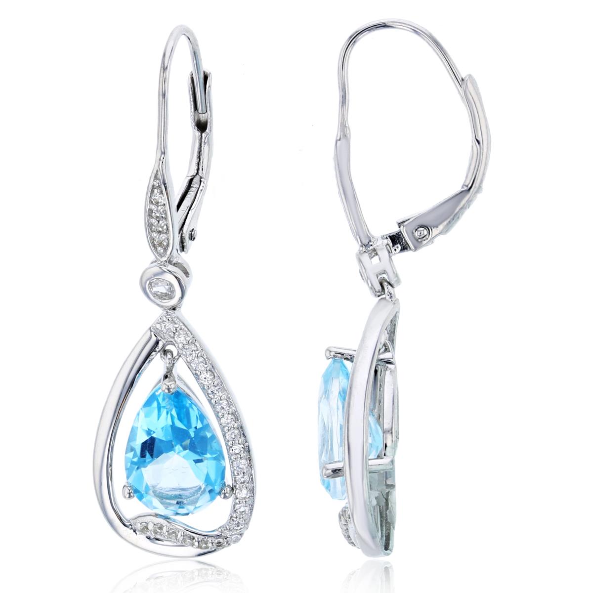 Sterling Silver Rhodium 10x7mm Pear Swiss Blue Topaz & 1mm/2mm Rd Cr White Sapphire Dangling Earring
