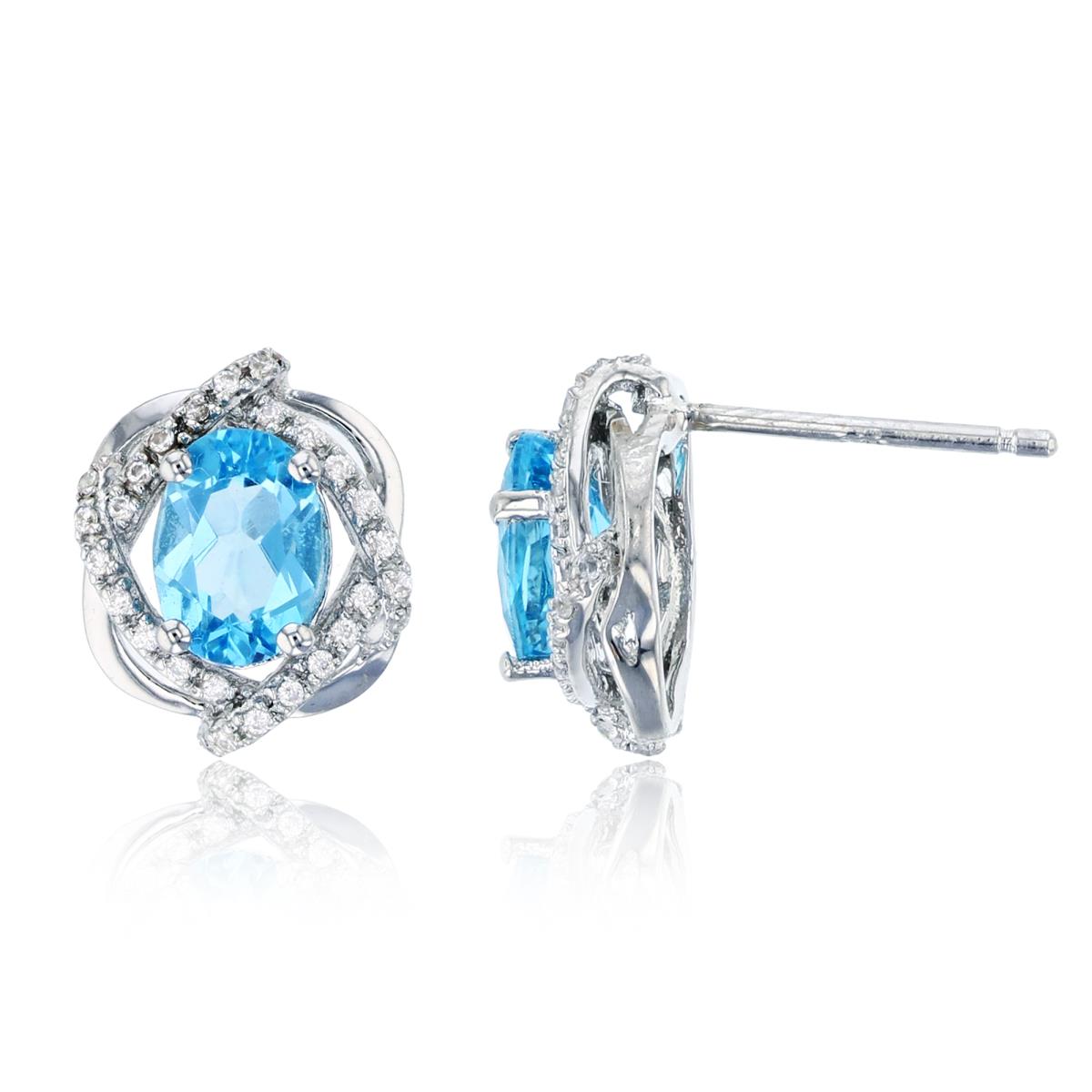 Sterling Silver Rhodium 0.11 CTTW Diamonds Rnd & 7X5 Ov Blue Topaz Wrapped Stud Earring