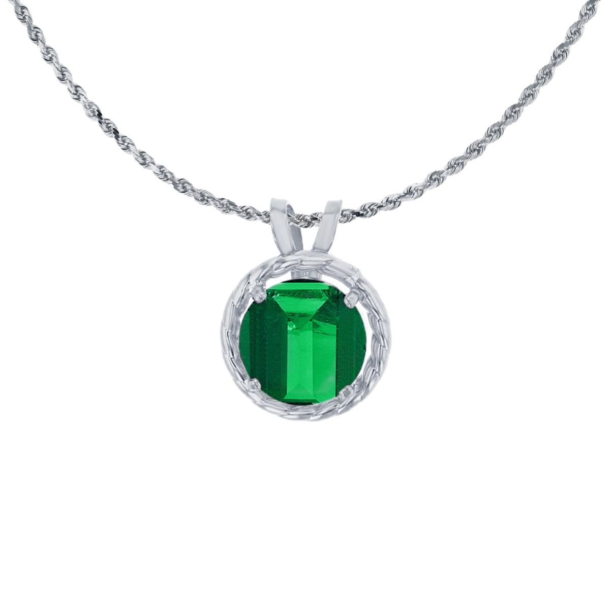14K White Gold 6mm Rd Created Emerald Rope Frame Rabbit Ear 18" Rope Chain Necklace