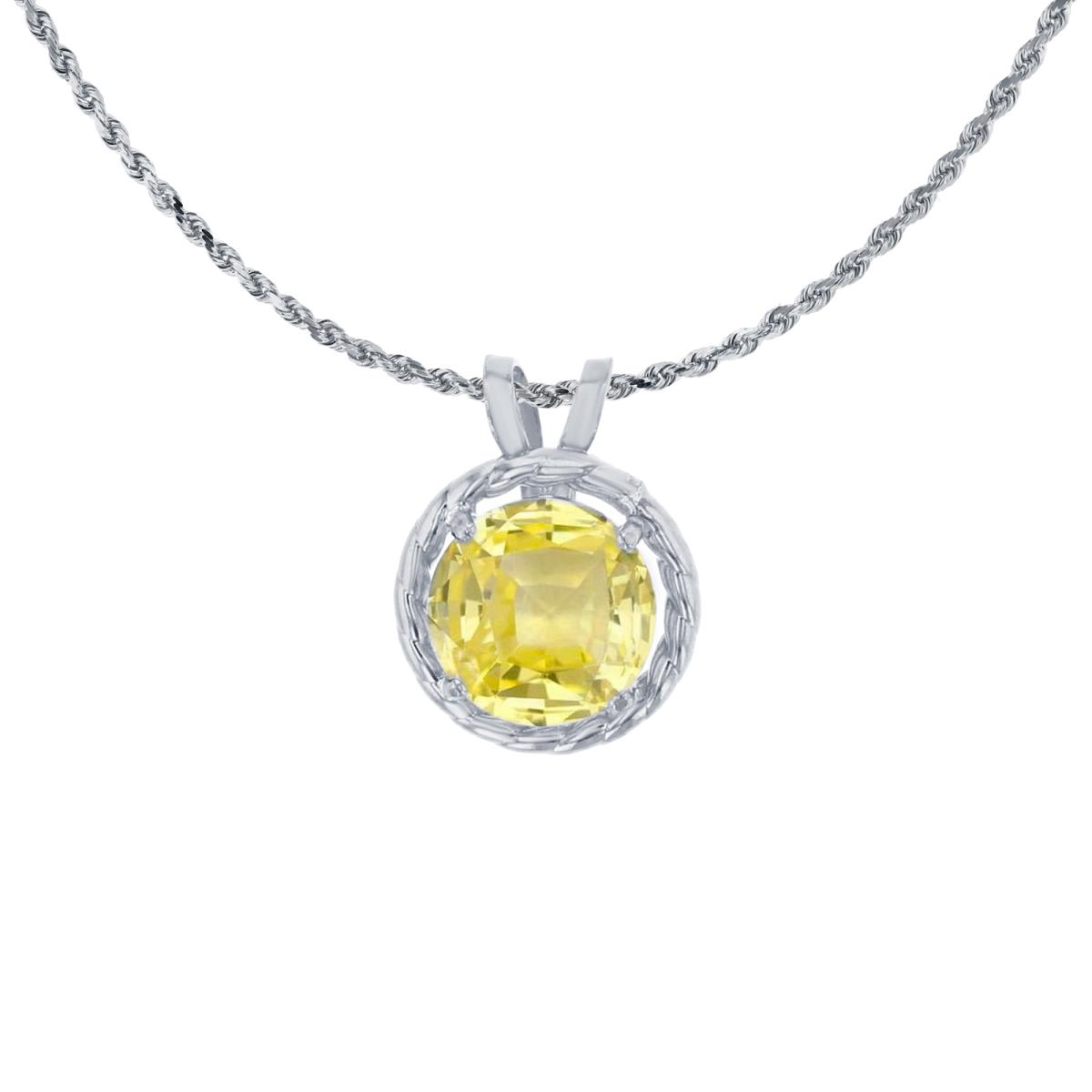 14K White Gold 6mm Rd Created Yellow Sapphire Rope Frame Rabbit Ear 18" Rope Chain Necklace
