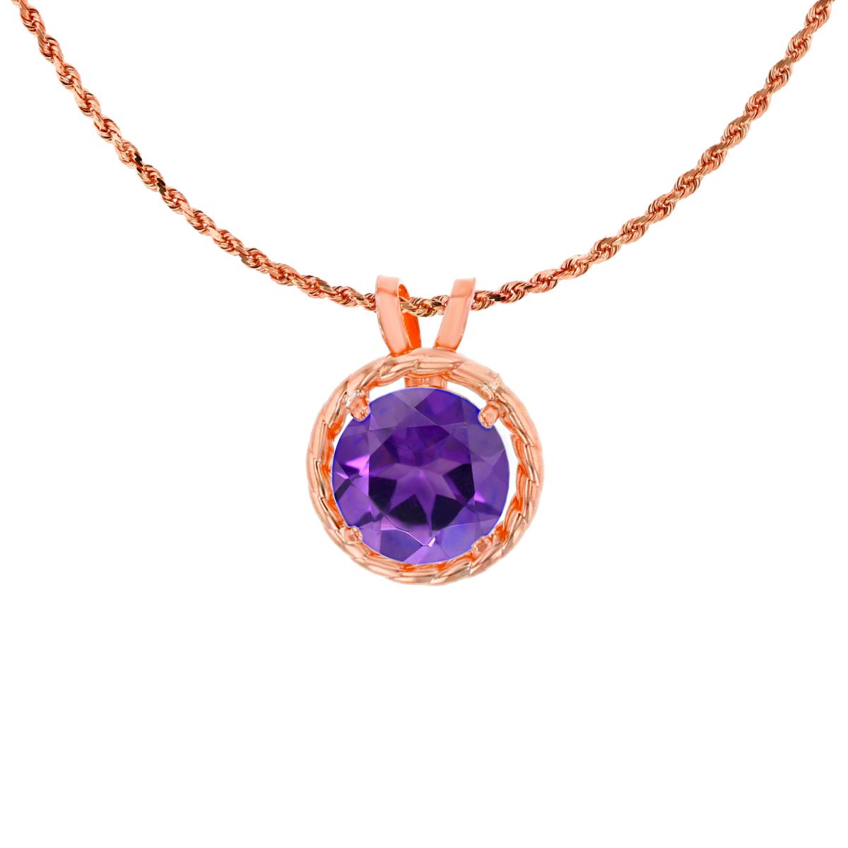 14K Rose Gold 6mm Rd Amethyst Rope Frame Rabbit Ear 18" Rope Chain Necklace