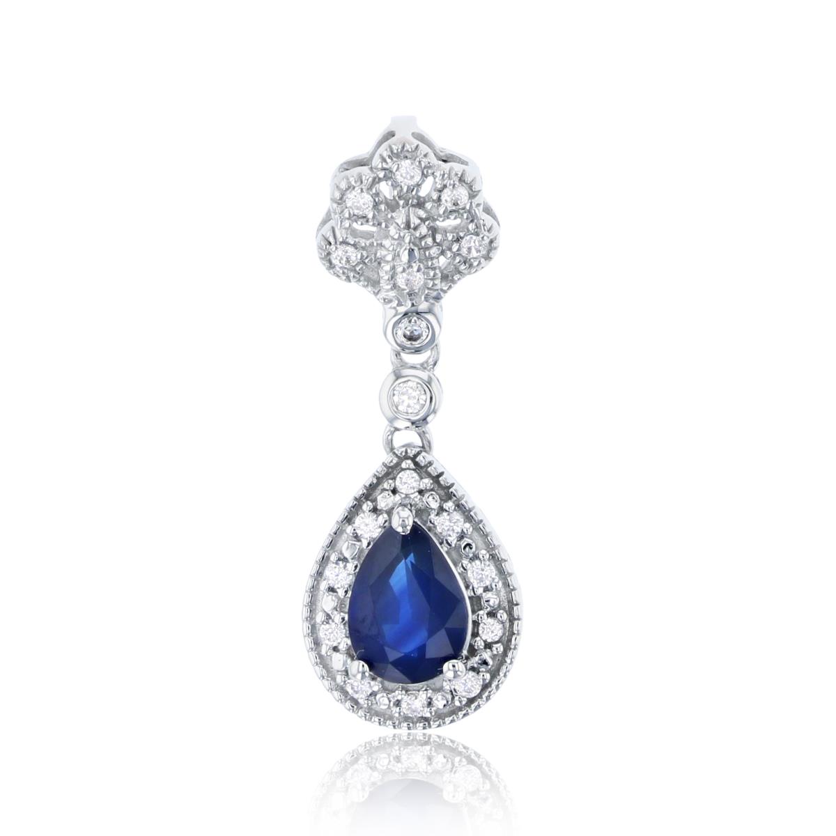 14K White Gold Rnd CZ & 7X5-mm PS Created Blue Sapphire Dangling PS-Pendant