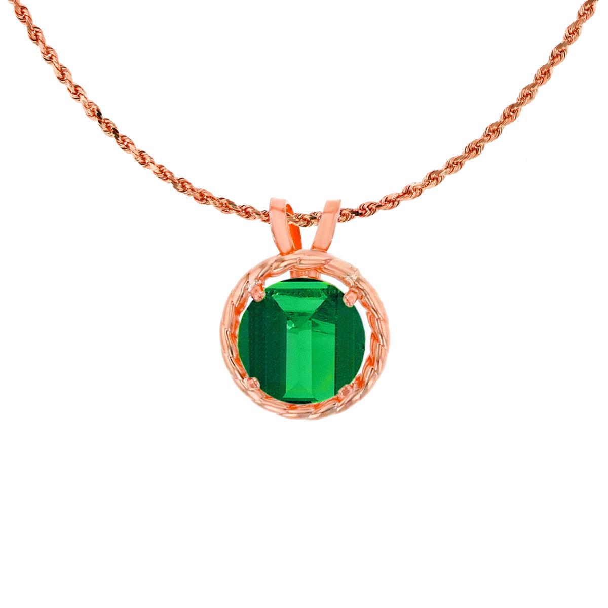 14K Rose Gold 6mm Rd Created Emerald Rope Frame Rabbit Ear 18" Rope Chain Necklace