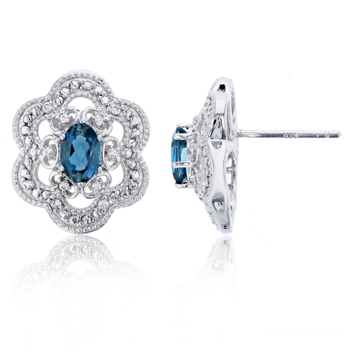 Sterling Silver Rhodium 0.10 CTTW Rnd Diam & Ov London Blue Topaz Flower Stud Earring