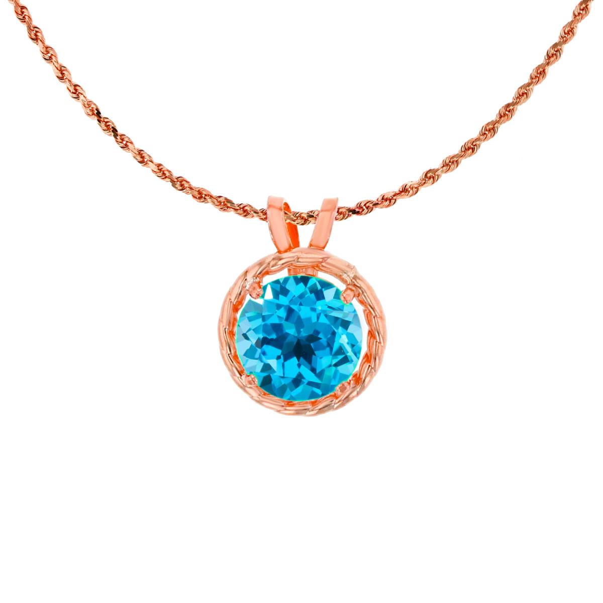 10K Rose Gold 6mm Rd Swiss Blue Topaz Rope Frame Rabbit Ear 18" Rope Chain Necklace