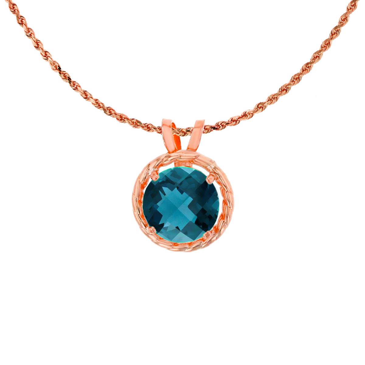 10K Rose Gold 6mm Rd London Blue Topaz Rope Frame Rabbit Ear 18" Rope Chain Necklace