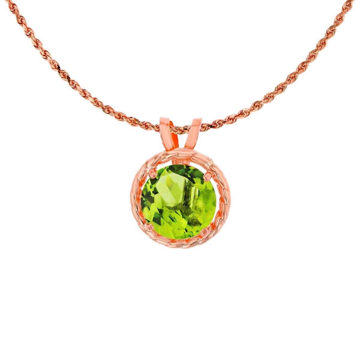 10K Rose Gold 6mm Rd Peridot Rope Frame Rabbit Ear 18" Rope Chain Necklace