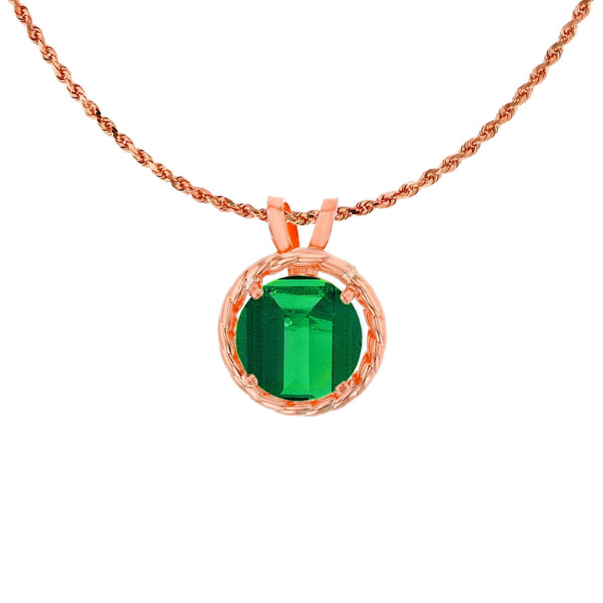 10K Rose Gold 6mm Rd Created Emerald Rope Frame Rabbit Ear 18" Rope Chain Necklace