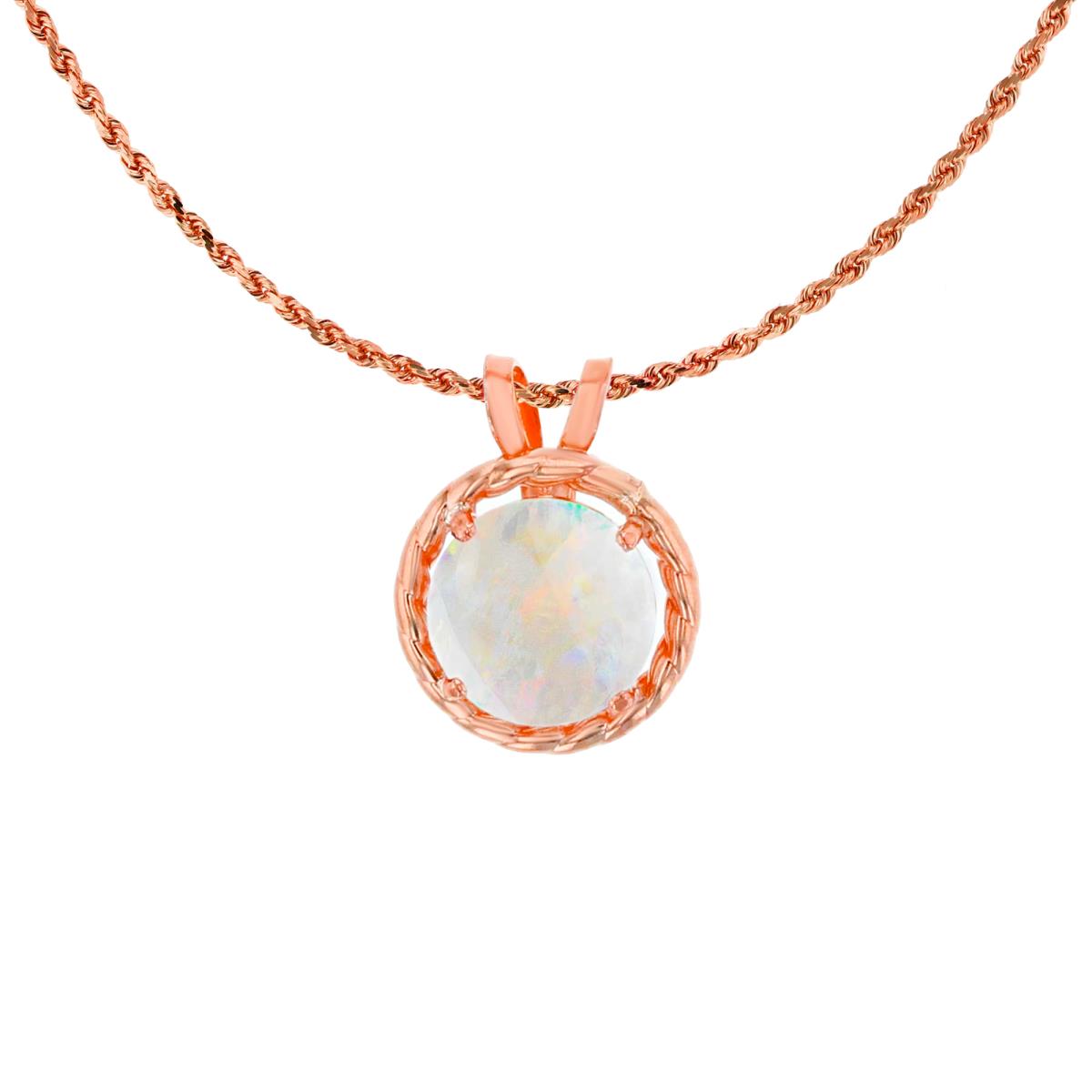 10K Rose Gold 6mm Rd Created Opal Rope Frame Rabbit Ear 18" Rope Chain Necklace