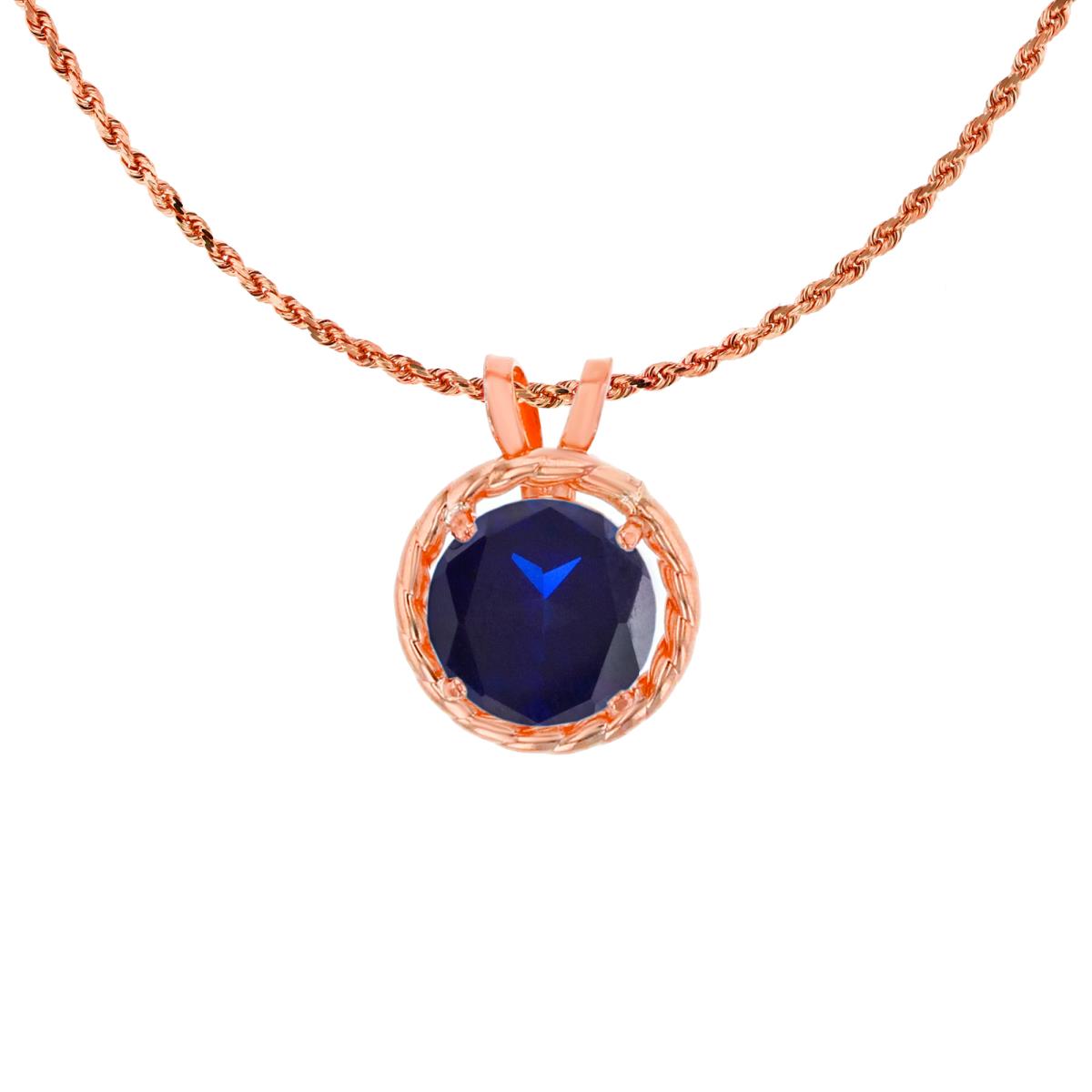 10K Rose Gold 6mm Rd Created Blue Sapphire Rope Frame Rabbit Ear 18" Rope Chain Necklace