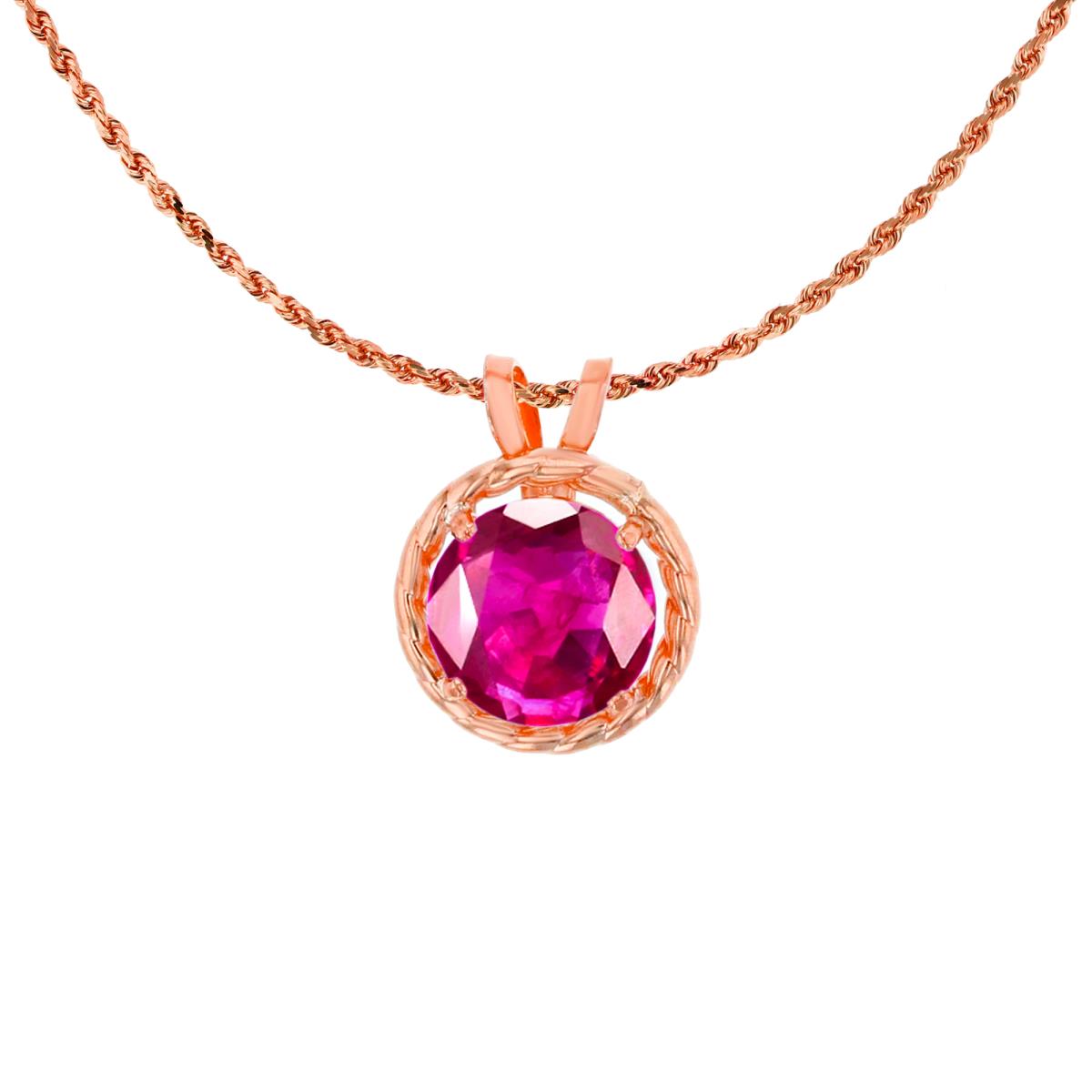 10K Rose Gold 6mm Rd Created Ruby Rope Frame Rabbit Ear 18" Rope Chain Necklace
